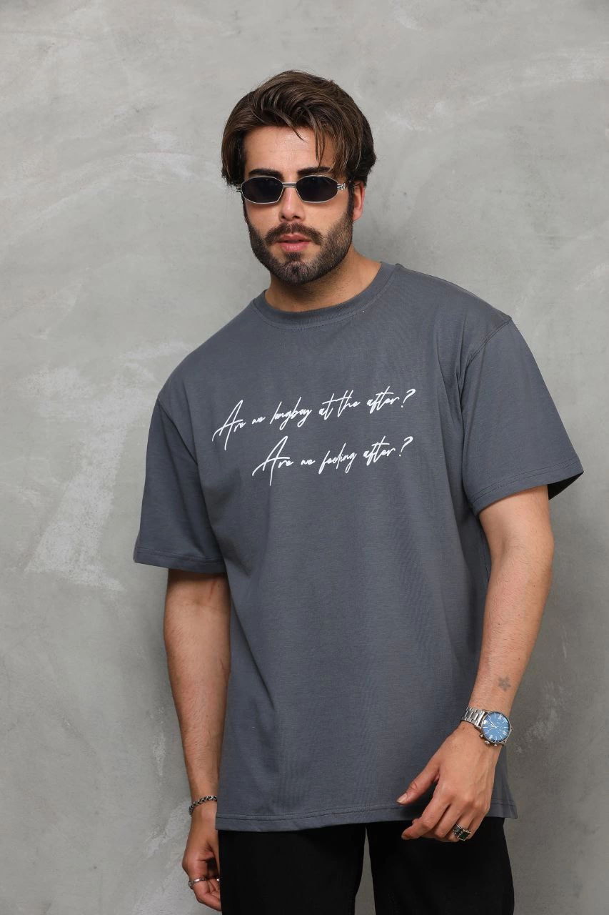 ASSEMA Erkek Bisiklet Yaka Baskılı Oversize T-Shirt - Füme