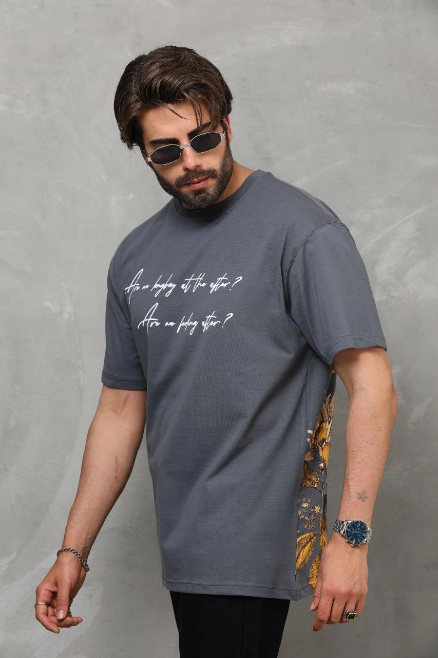 ASSEMA Erkek Bisiklet Yaka Baskılı Oversize T-Shirt - Füme