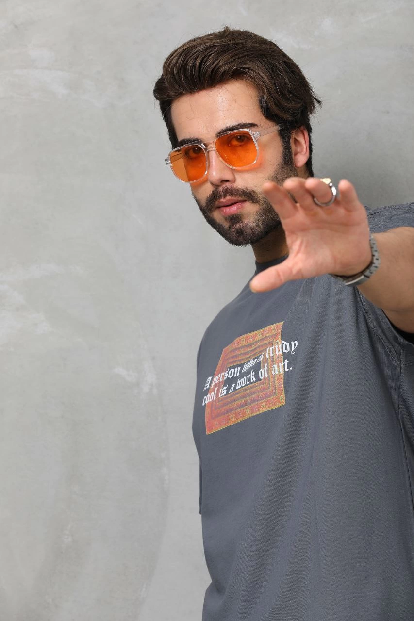 ASSEMA Erkek Baskılı T-Shirt Kısa Kol Bisiklet Yaka Regular Fit Rahat Kalıp Tişört -  Füme