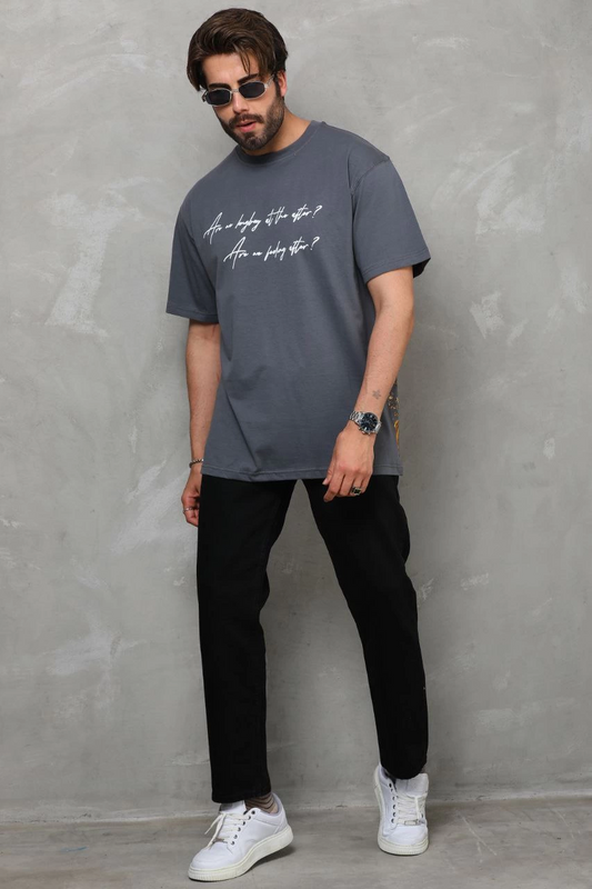 ASSEMA Erkek Bisiklet Yaka Baskılı Oversize T-Shirt - Füme