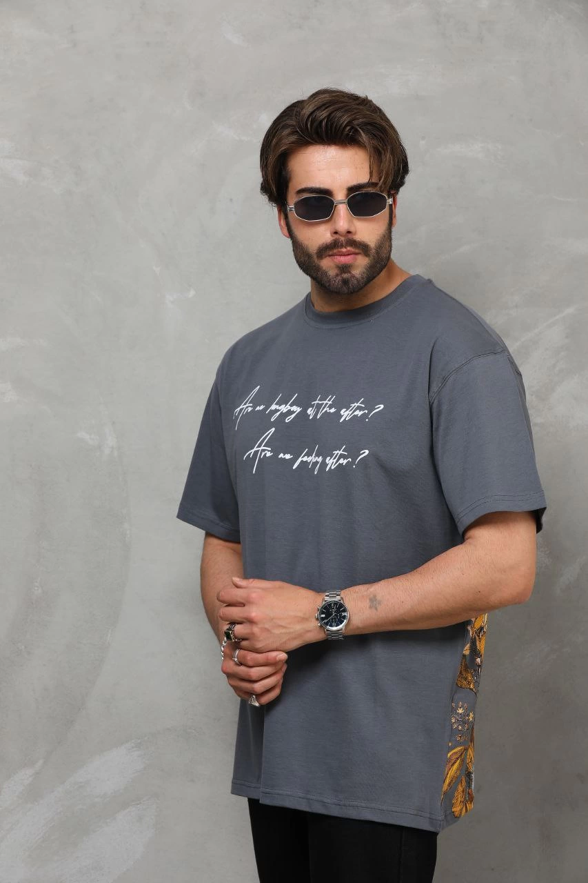 ASSEMA Erkek Bisiklet Yaka Baskılı Oversize T-Shirt - Füme