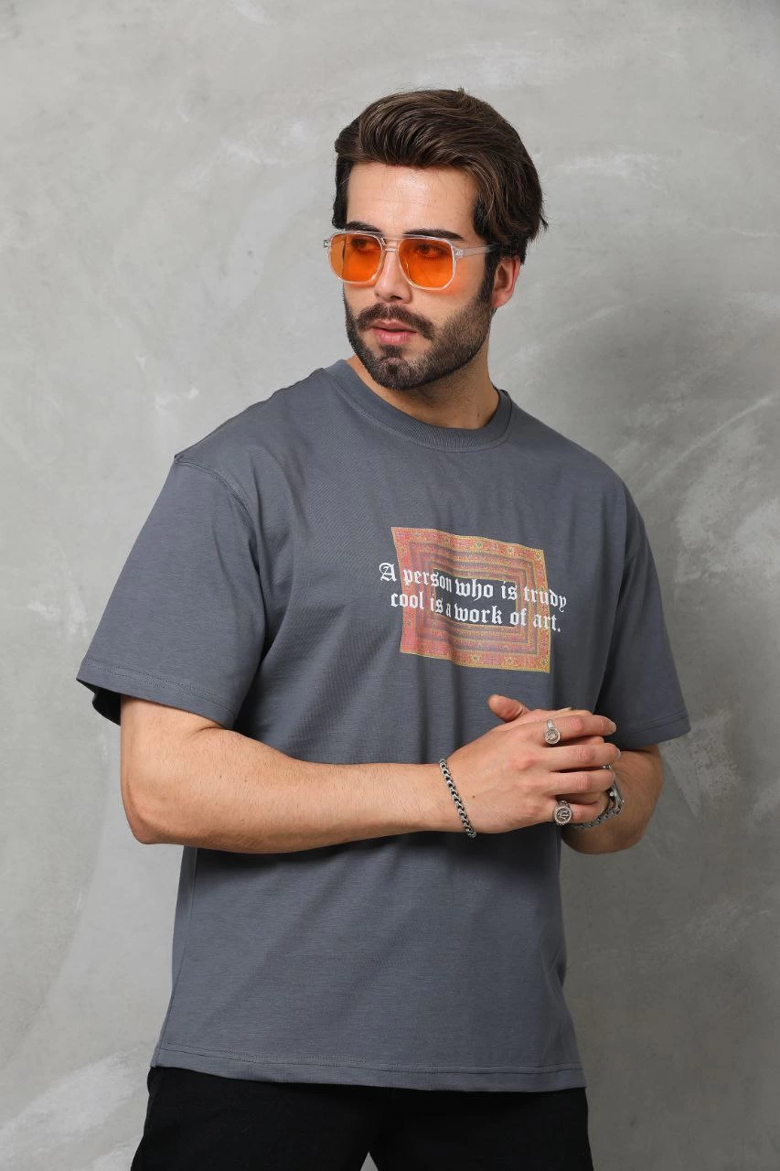 ASSEMA Erkek Baskılı T-Shirt Kısa Kol Bisiklet Yaka Regular Fit Rahat Kalıp Tişört -  Füme