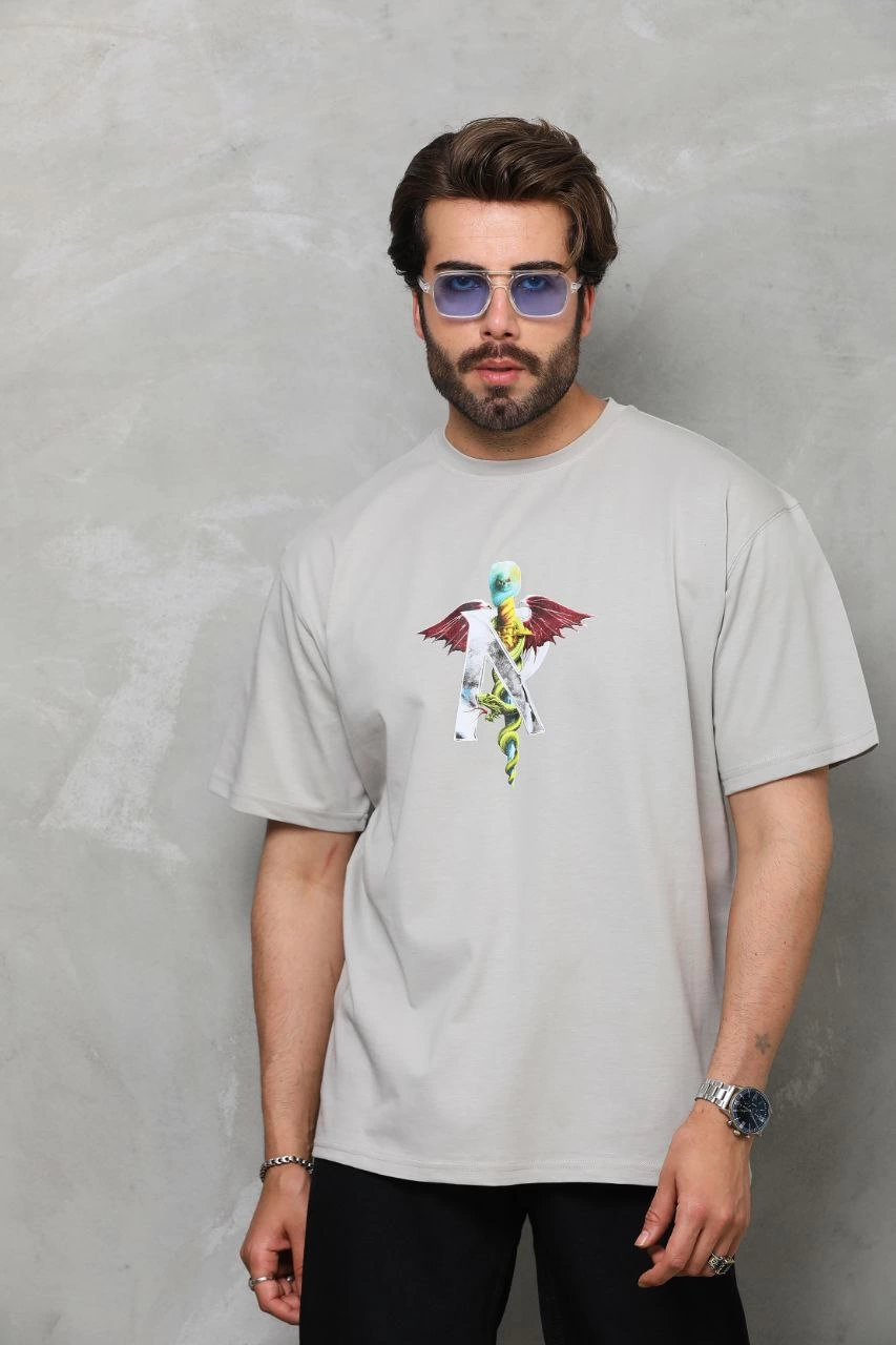 ASSEMA Erkek Baskılı T-Shirt Kısa Kol Bisiklet Yaka Regular Fit Rahat Kalıp Tişört -  Gri