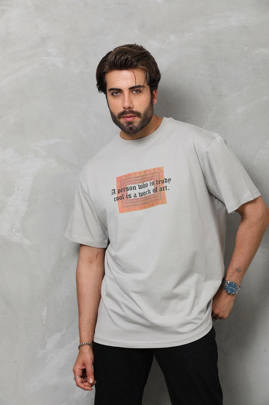 ASSEMA Erkek Baskılı T-Shirt Kısa Kol Bisiklet Yaka Regular Fit Rahat Kalıp Tişört -  Gri