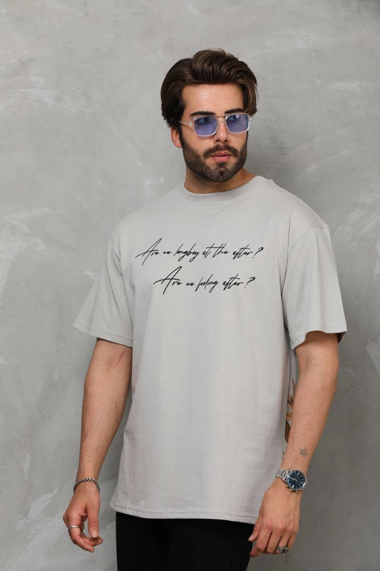 ASSEMA Erkek  Bisiklet Yaka Baskılı Oversize T-Shirt - Gri