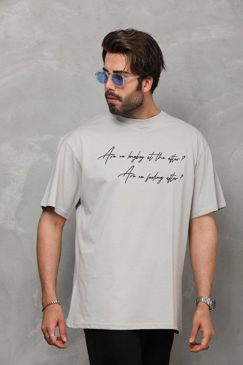 ASSEMA Erkek  Bisiklet Yaka Baskılı Oversize T-Shirt - Gri