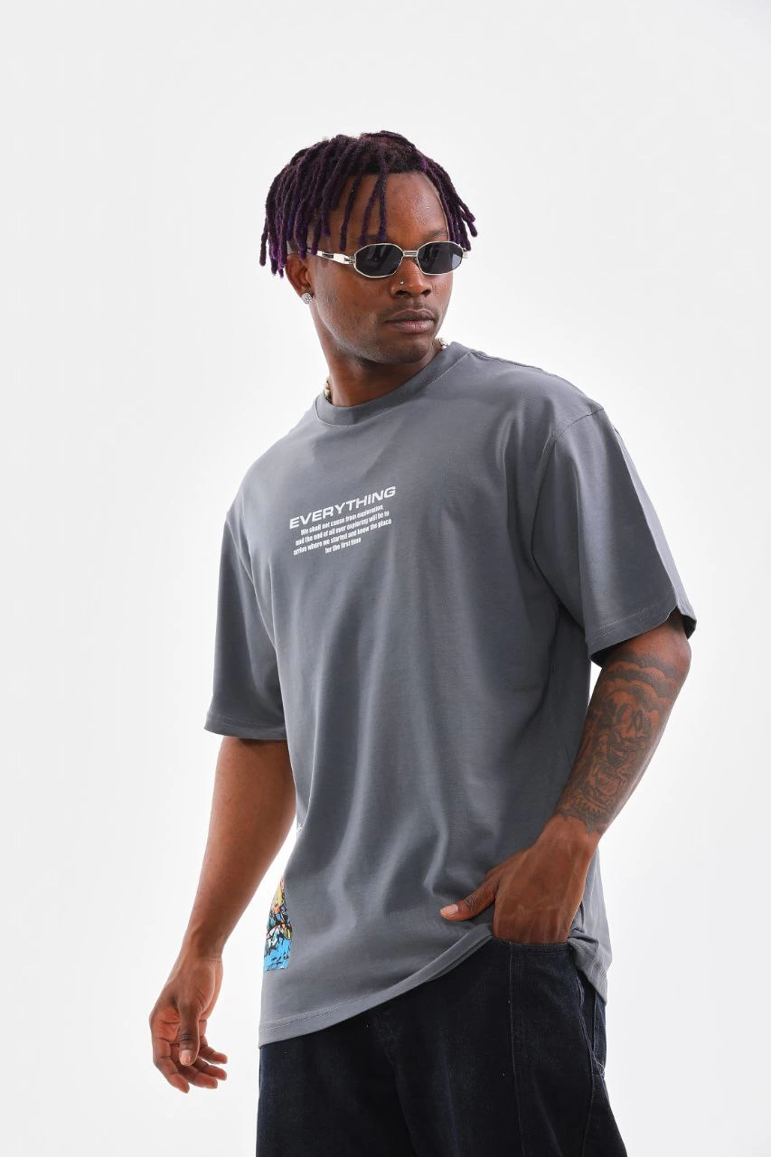 ASSEMA Erkek  Bisiklet Yaka Baskılı Oversize T-Shirt - Gri