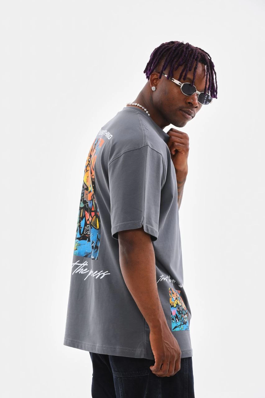 ASSEMA Erkek  Bisiklet Yaka Baskılı Oversize T-Shirt - Gri