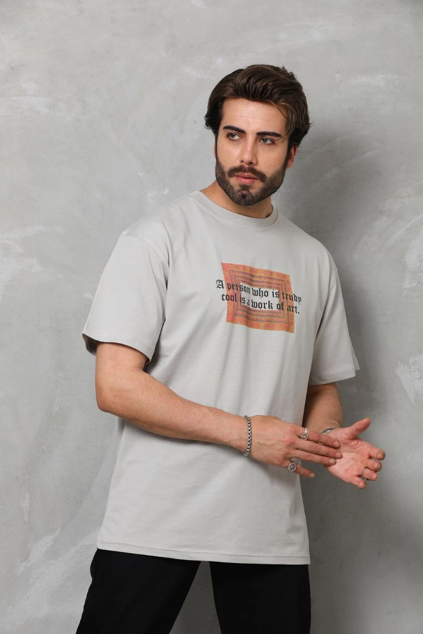ASSEMA Erkek Baskılı T-Shirt Kısa Kol Bisiklet Yaka Regular Fit Rahat Kalıp Tişört -  Gri