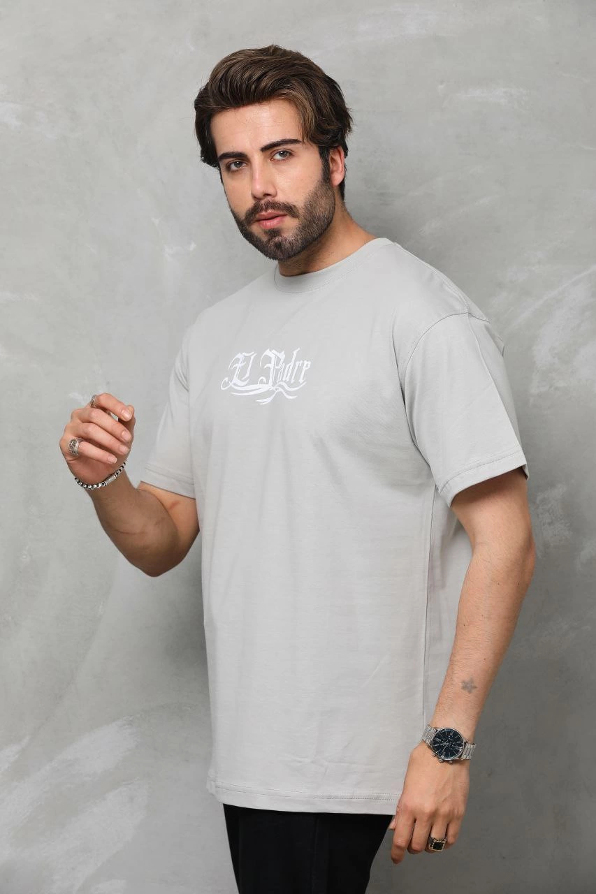 ASSEMA Erkek  Bisiklet Yaka Baskılı Oversize T-Shirt - Gri