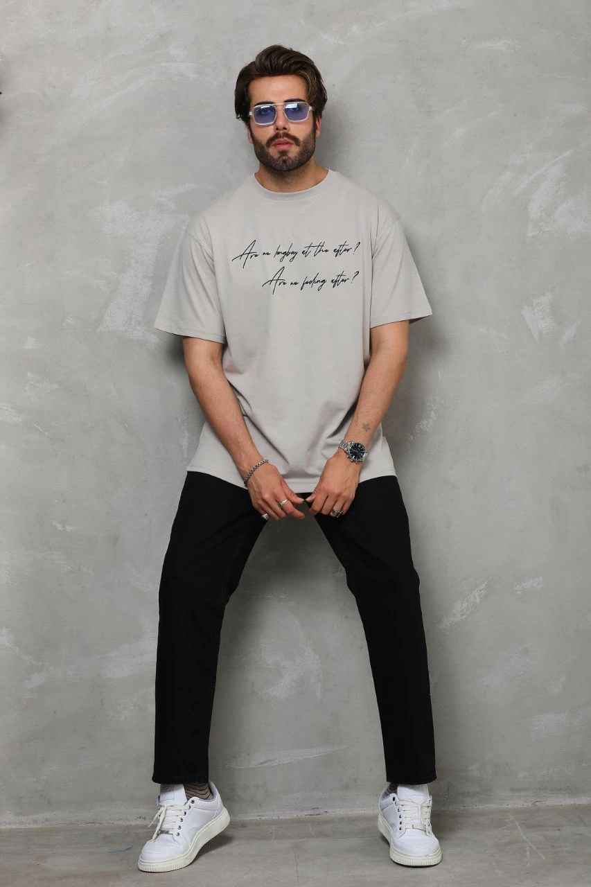 ASSEMA Erkek  Bisiklet Yaka Baskılı Oversize T-Shirt - Gri