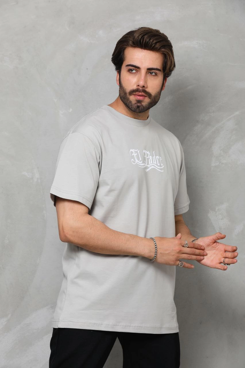 ASSEMA Erkek  Bisiklet Yaka Baskılı Oversize T-Shirt - Gri