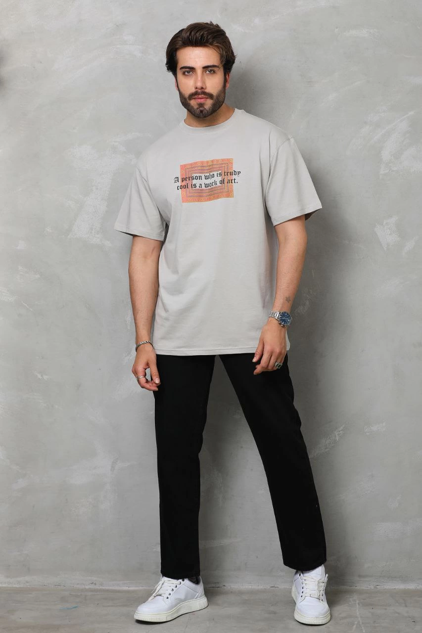 ASSEMA Erkek Baskılı T-Shirt Kısa Kol Bisiklet Yaka Regular Fit Rahat Kalıp Tişört -  Gri