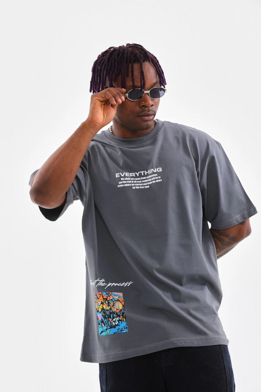 ASSEMA Erkek  Bisiklet Yaka Baskılı Oversize T-Shirt - Gri