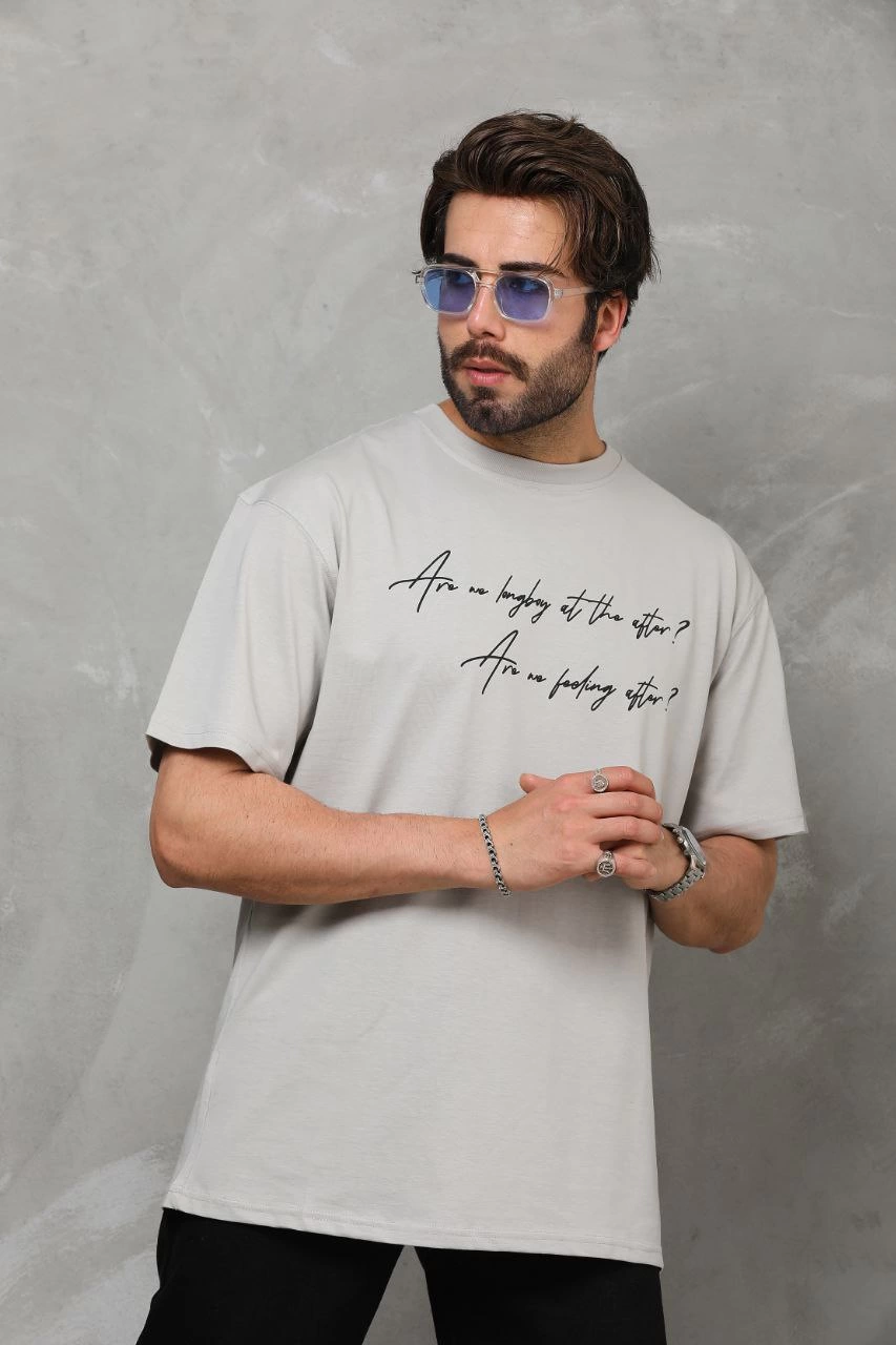 ASSEMA Erkek  Bisiklet Yaka Baskılı Oversize T-Shirt - Gri