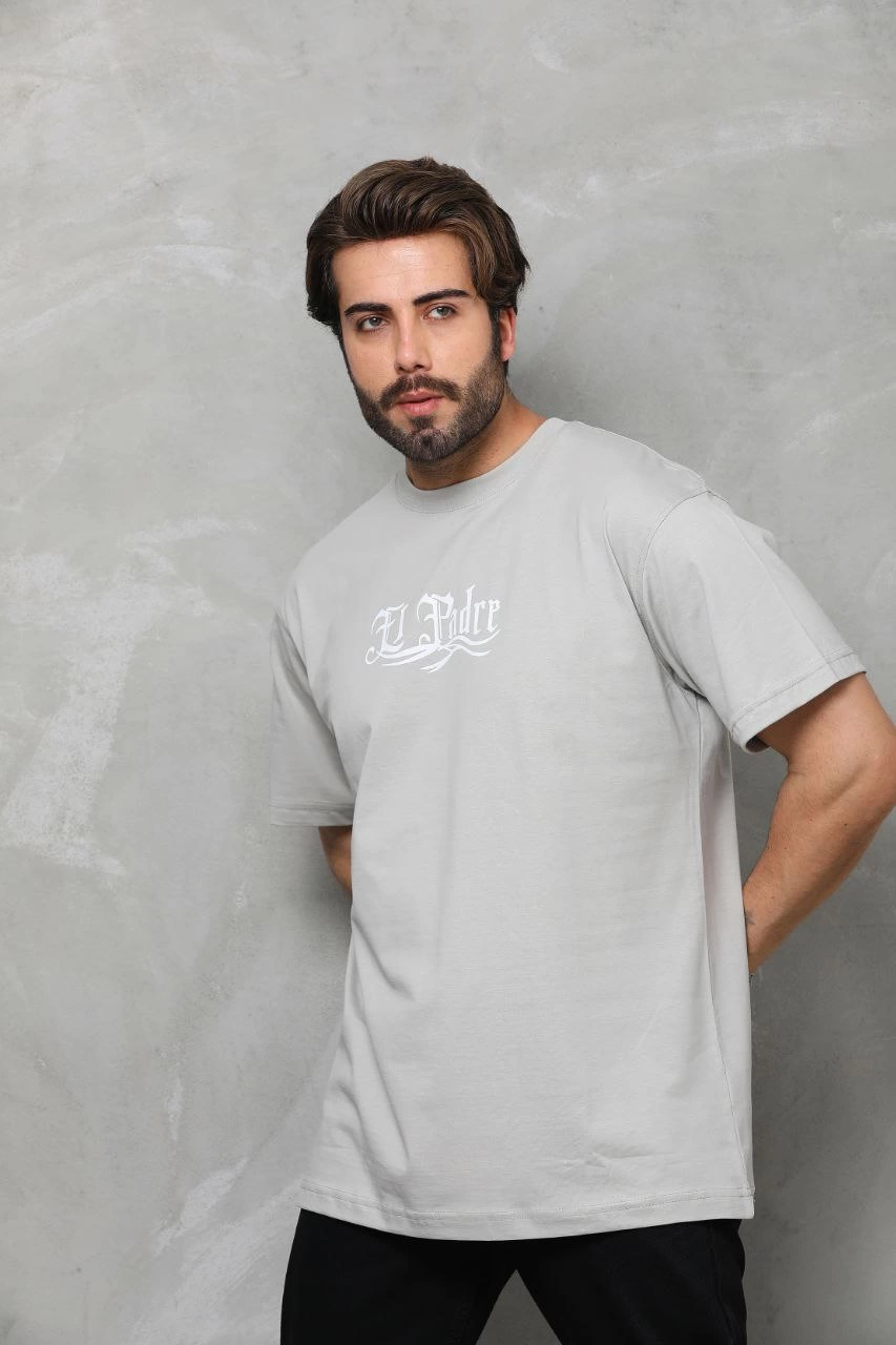 ASSEMA Erkek  Bisiklet Yaka Baskılı Oversize T-Shirt - Gri