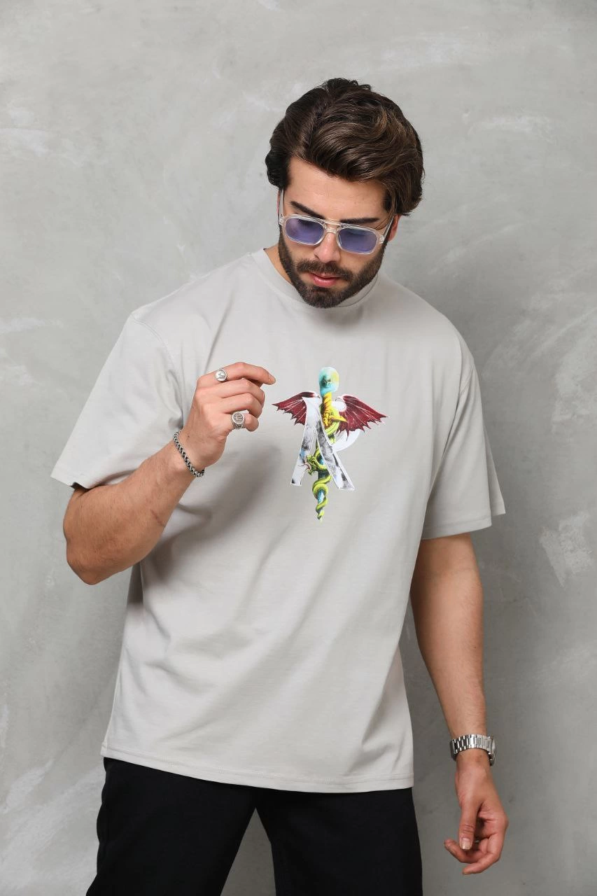 ASSEMA Erkek Baskılı T-Shirt Kısa Kol Bisiklet Yaka Regular Fit Rahat Kalıp Tişört -  Gri