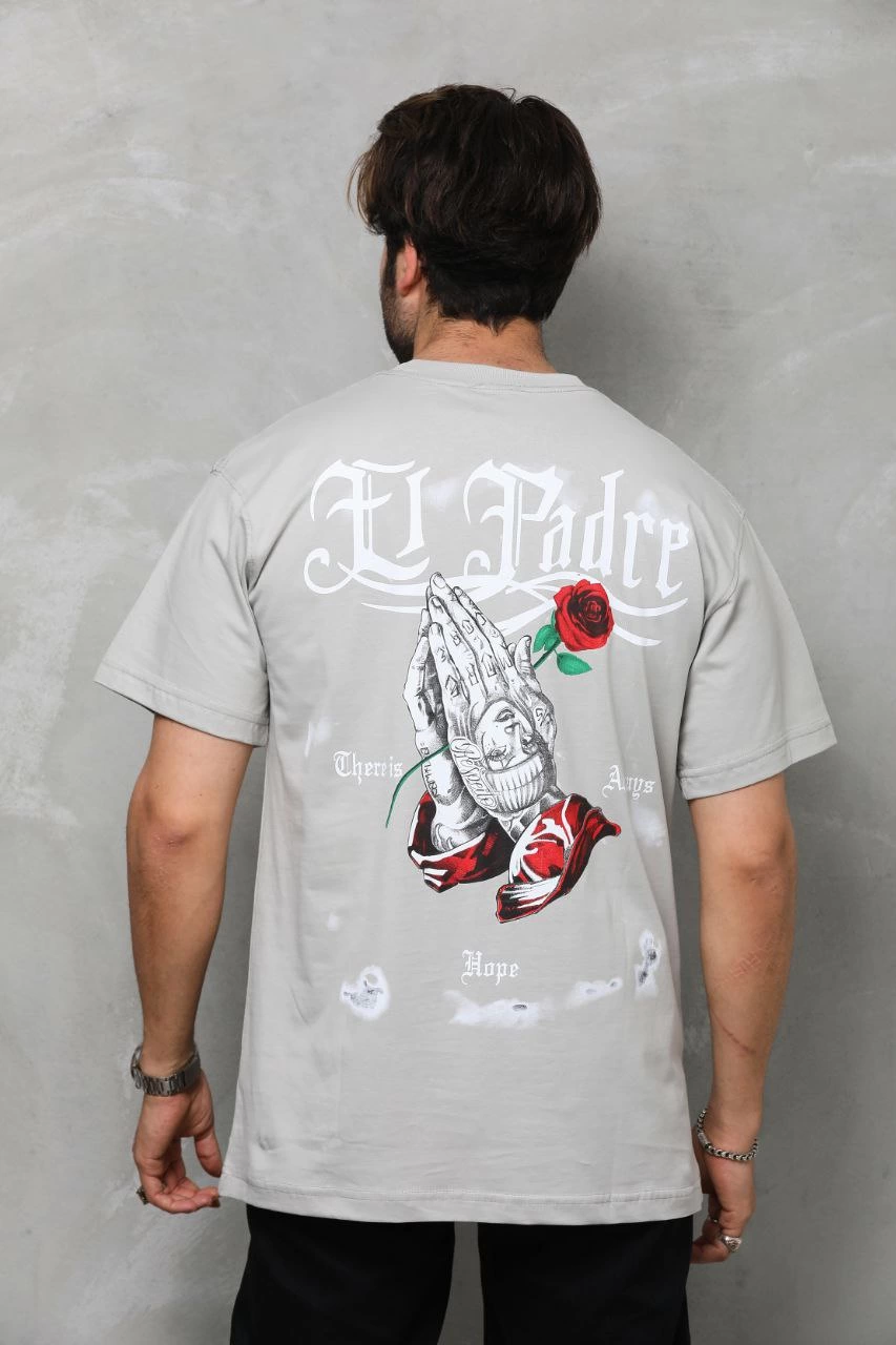 ASSEMA Erkek  Bisiklet Yaka Baskılı Oversize T-Shirt - Gri