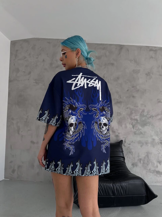 ASSEMA Unisex Bisiklet Yaka Baskılı Oversize T-Shirt - Lacivert