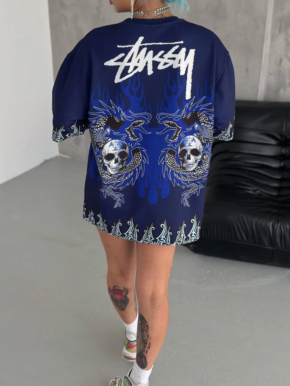 ASSEMA Unisex Bisiklet Yaka Baskılı Oversize T-Shirt - Lacivert