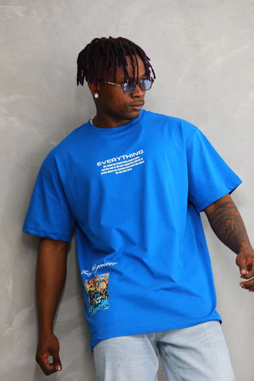 ASSEMA Erkek Bisiklet Yaka Baskılı Oversize T-Shirt - Mavi