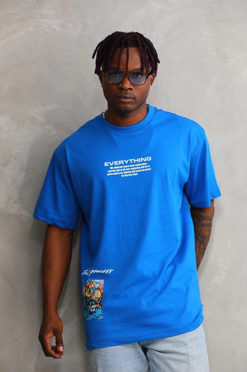 ASSEMA Erkek Bisiklet Yaka Baskılı Oversize T-Shirt - Mavi