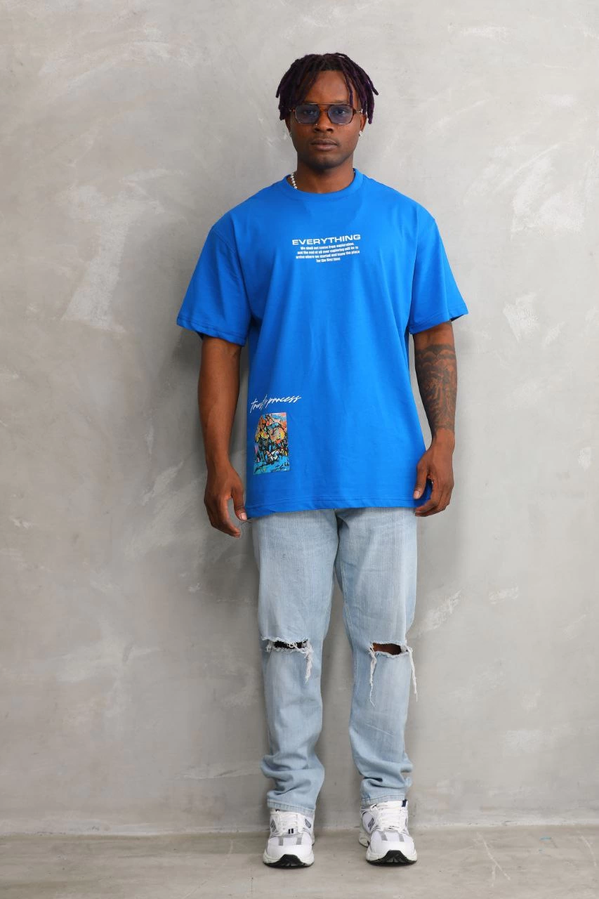 ASSEMA Erkek Bisiklet Yaka Baskılı Oversize T-Shirt - Mavi