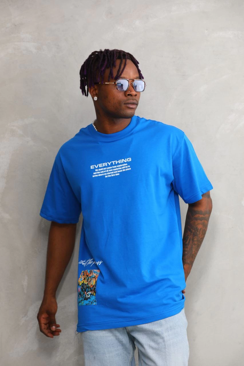 ASSEMA Erkek Bisiklet Yaka Baskılı Oversize T-Shirt - Mavi