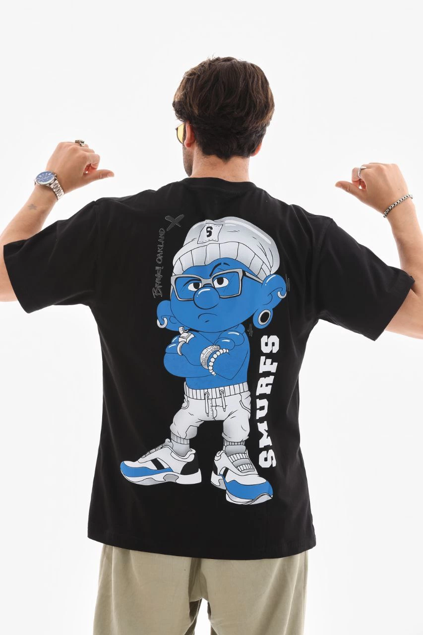 ASSEMA Erkek  Bisiklet Yaka Baskılı Oversize T-Shirt - Siyah