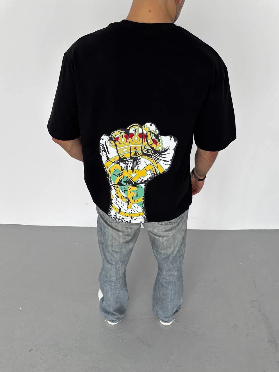 ASSEMA ERKEK Bisiklet Yaka Baskılı Oversize T-Shirt - Siyah