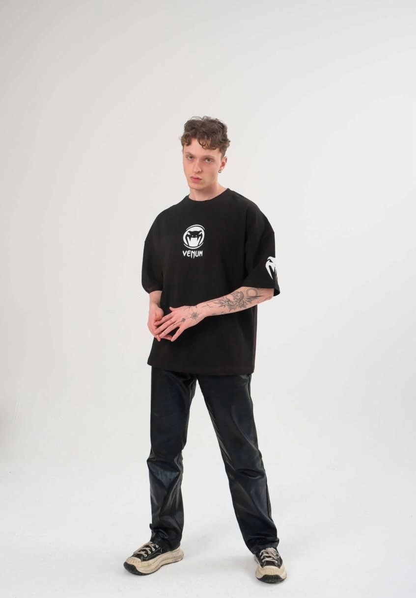 ASSEMA Erkek Bisiklet Yaka Baskılı  Kısa kol Oversize T-Shirt - Siyah