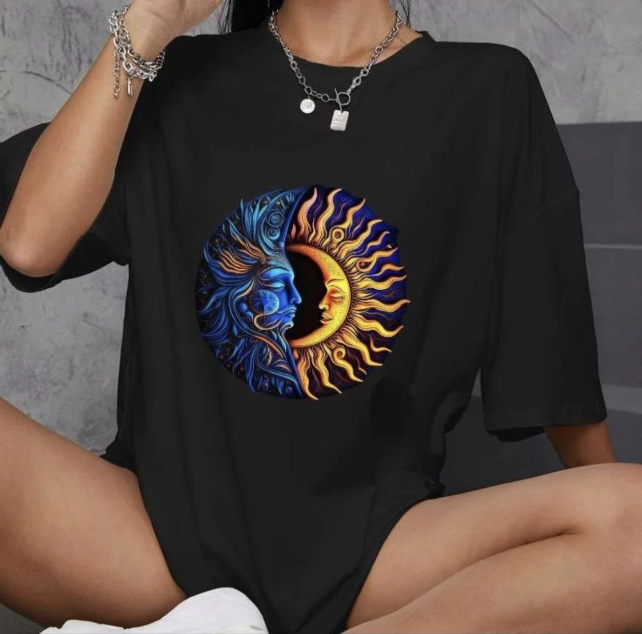 ASSEMA Kadın Baskılı T-Shirt Kısa Kol Bisiklet Yaka Oversize Rahat Kalıp Günlük Tişört   - Siyah