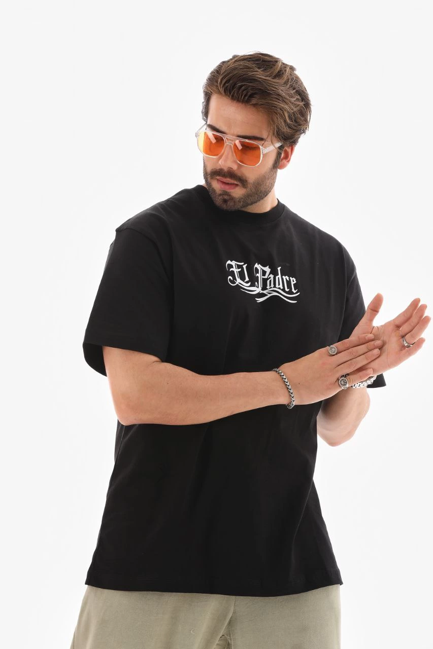 ASSEMA Erkek Bisiklet Yaka Baskılı Oversize T-Shirt - Siyah