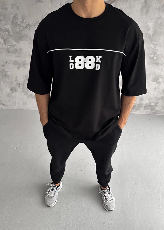 ASSEMA Erkek Bisiklet Yaka Baskılı Oversize T-Shirt - Siyah