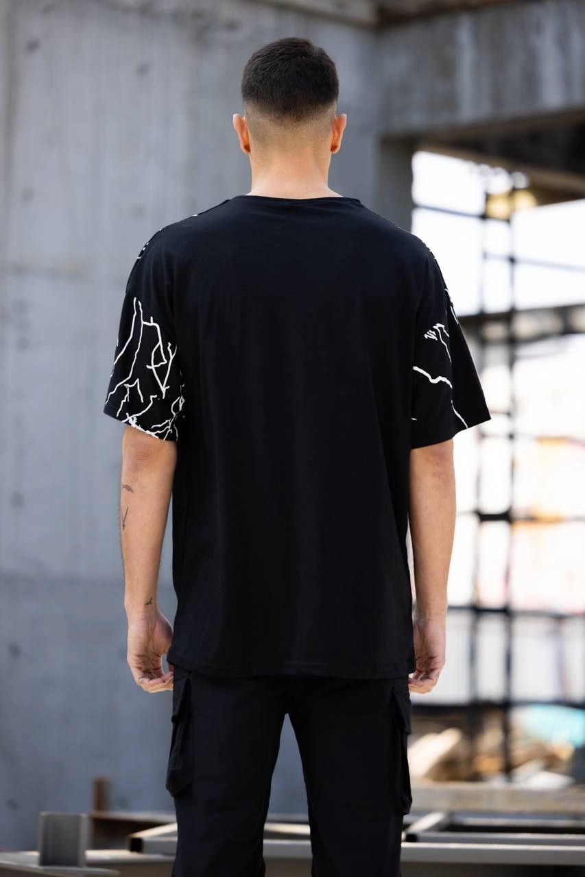 ASSEMA Erkek Yıldırım şimşek Baskılı T-Shirt Kısa Kol Bisiklet Yaka Tişört - Siyah