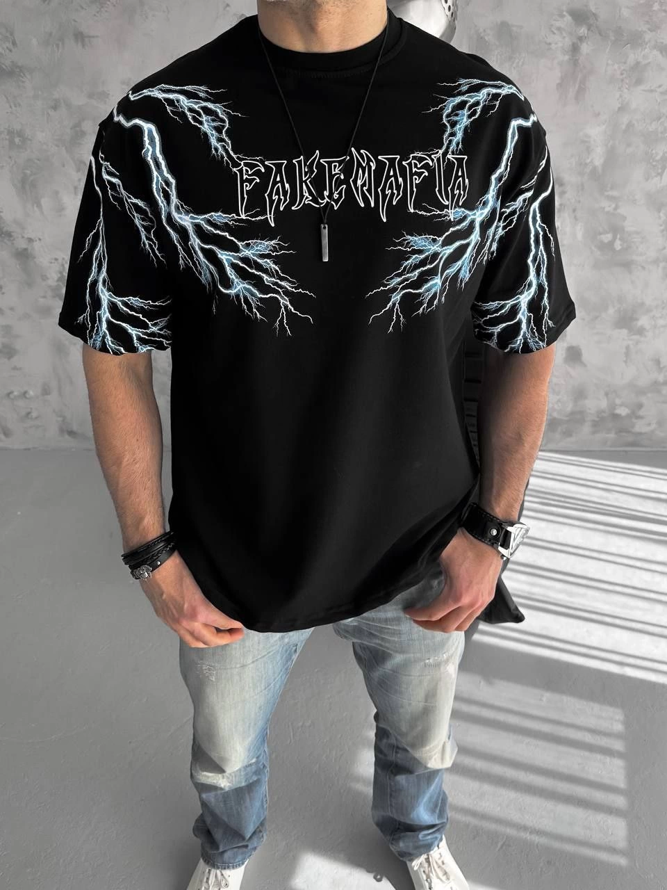 ASSEMA Erkek Yıldırım şimşek Baskılı T-Shirt Kısa Kol Bisiklet Yaka Tişört - Siyah