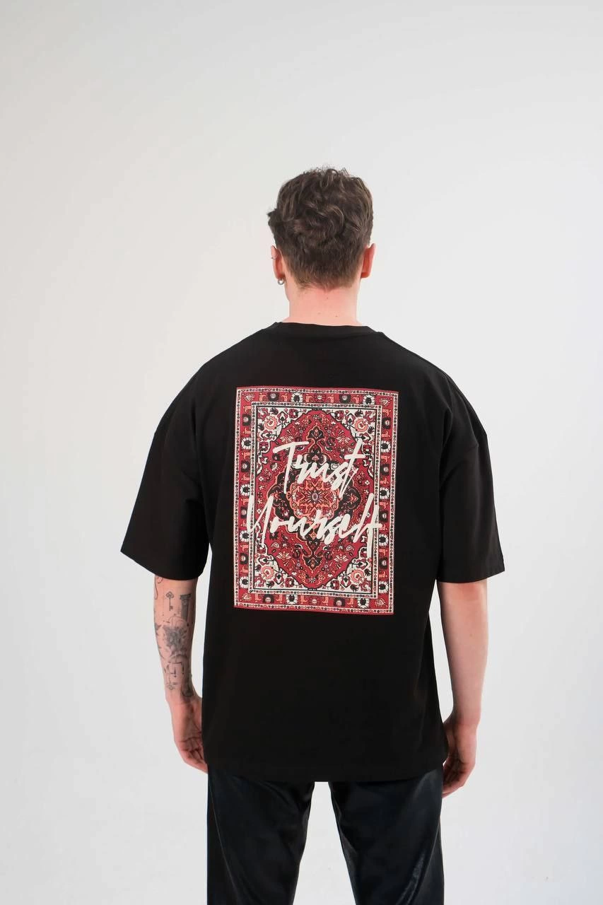 ASSEMA Erkek Bisiklet Yaka Baskılı  Kısa kol Oversize T-Shirt - Siyah