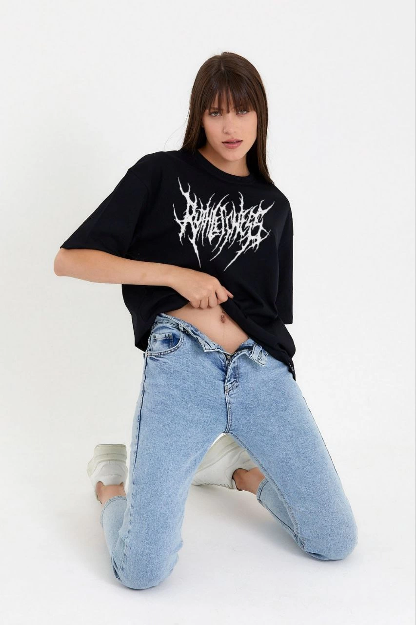 ASSEMA Kadın Baskılı T-Shirt Kısa Kol Bisiklet Yaka Oversize Rahat Kalıp Günlük Tişört   - Siyah
