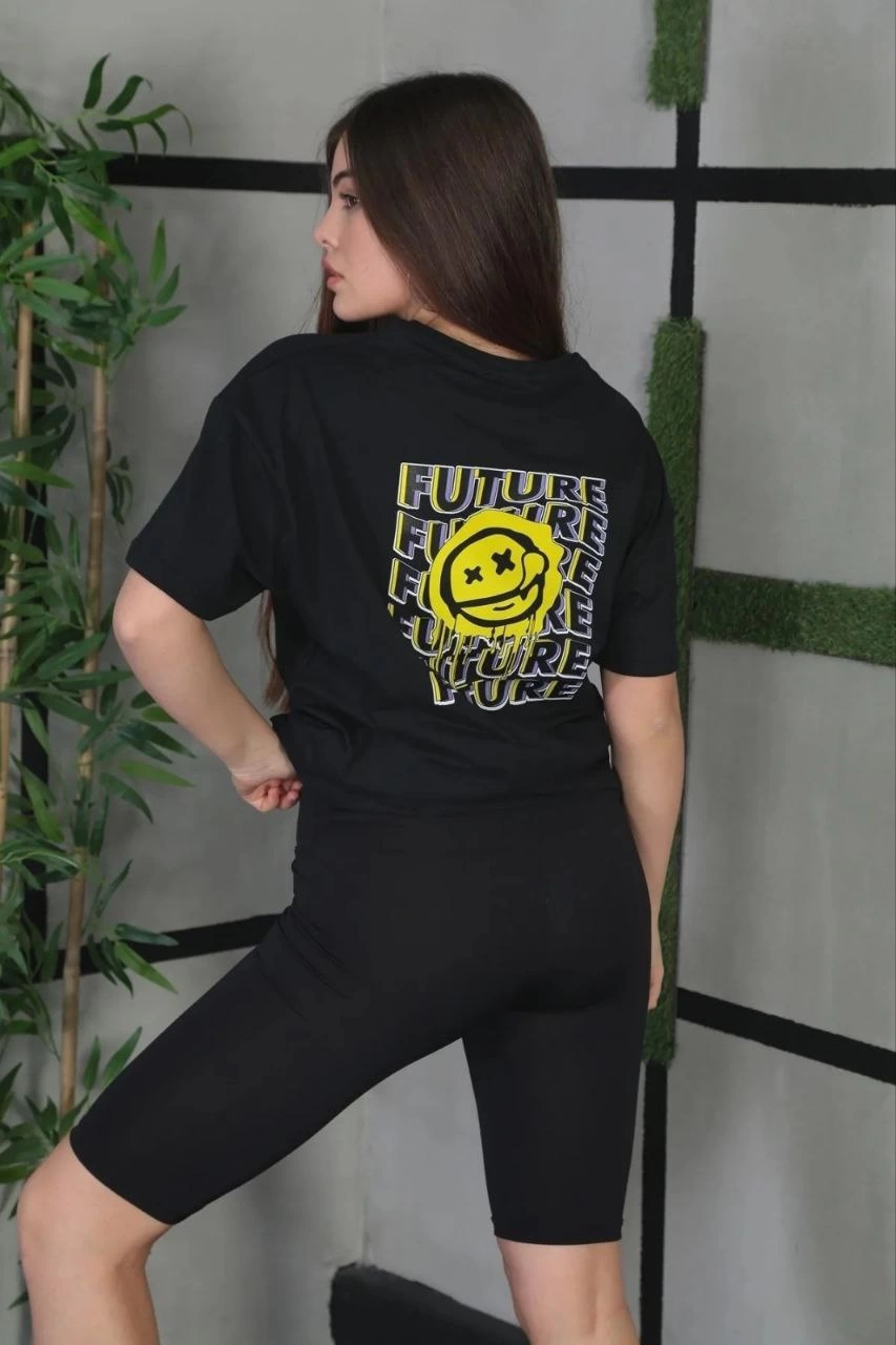 ASSEMA Kadın Bisiklet Yaka Baskılı  Kısa kol Oversize T-Shirt - Siyah
