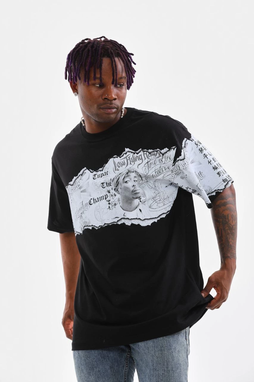 ASSEMA Erkek  Bisiklet Yaka Baskılı Oversize T-Shirt - Siyah