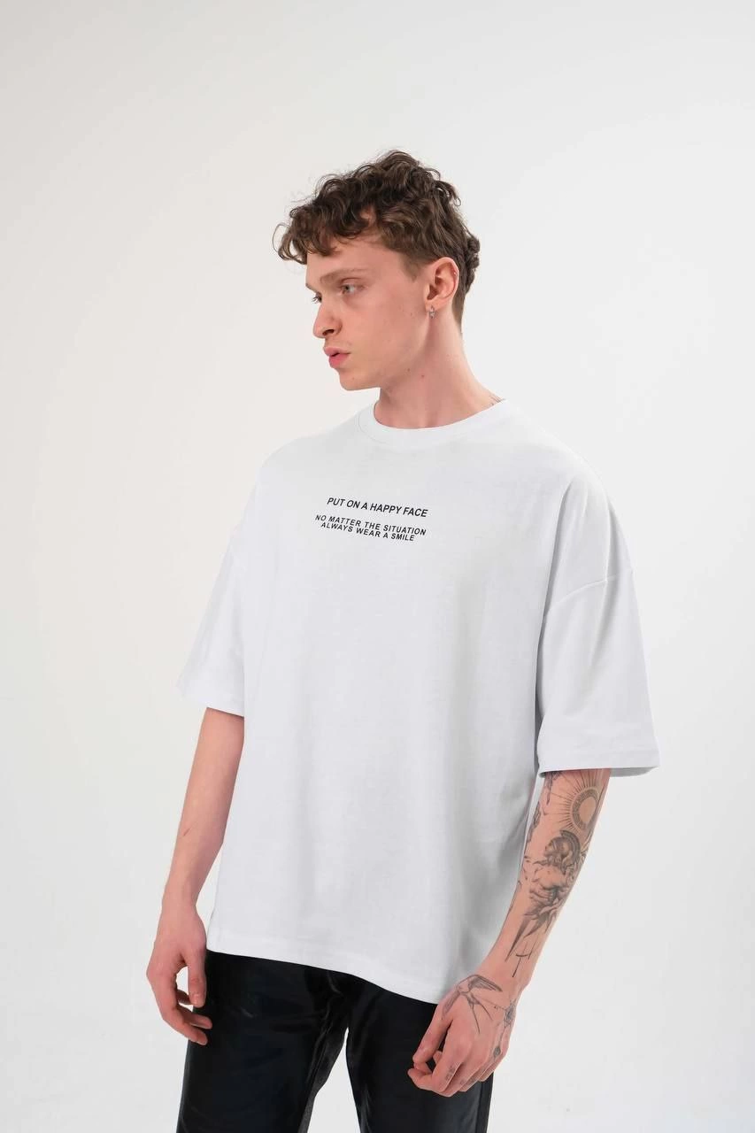 ASSEMA ERKEK Bisiklet Yaka Baskılı Oversize Kısa kol T-Shirt - Beyaz