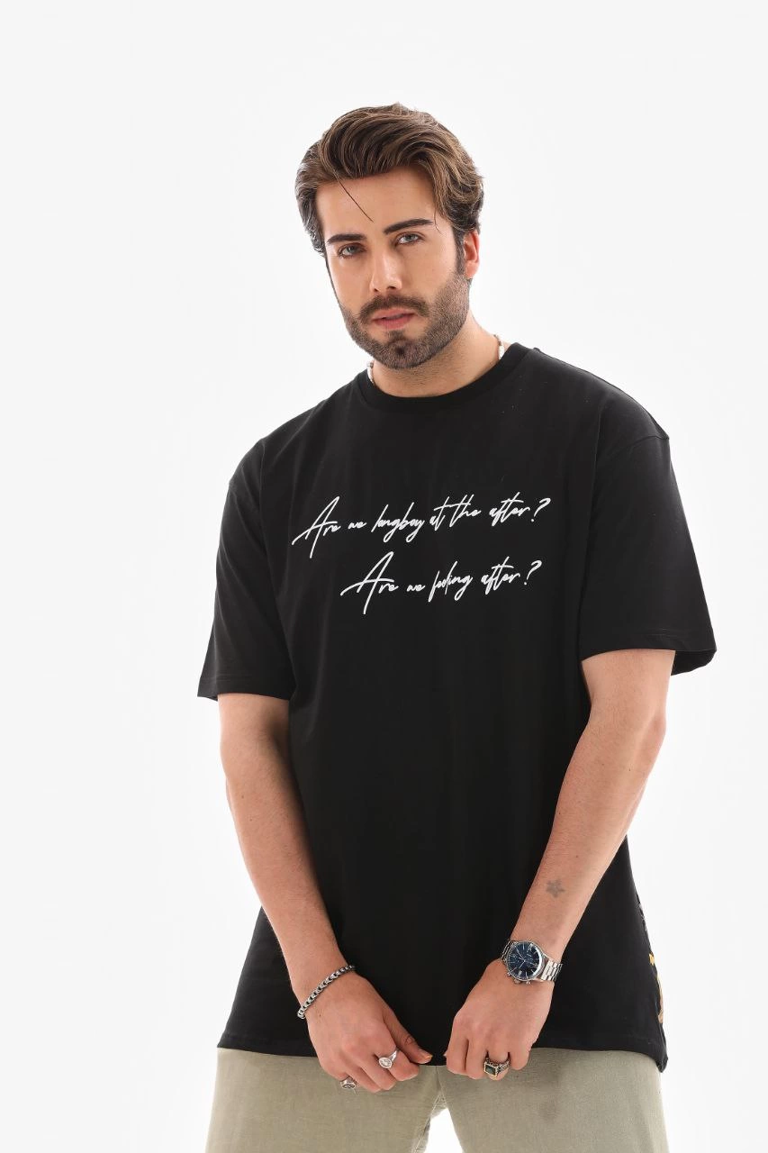 ASSEMA Erkek Bisiklet Yaka Baskılı Oversize T-Shirt - Siyah