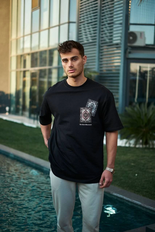 ASSEMA ERKEK Bisiklet Yaka Baskılı  Kısa kol Oversize T-Shirt - Siyah