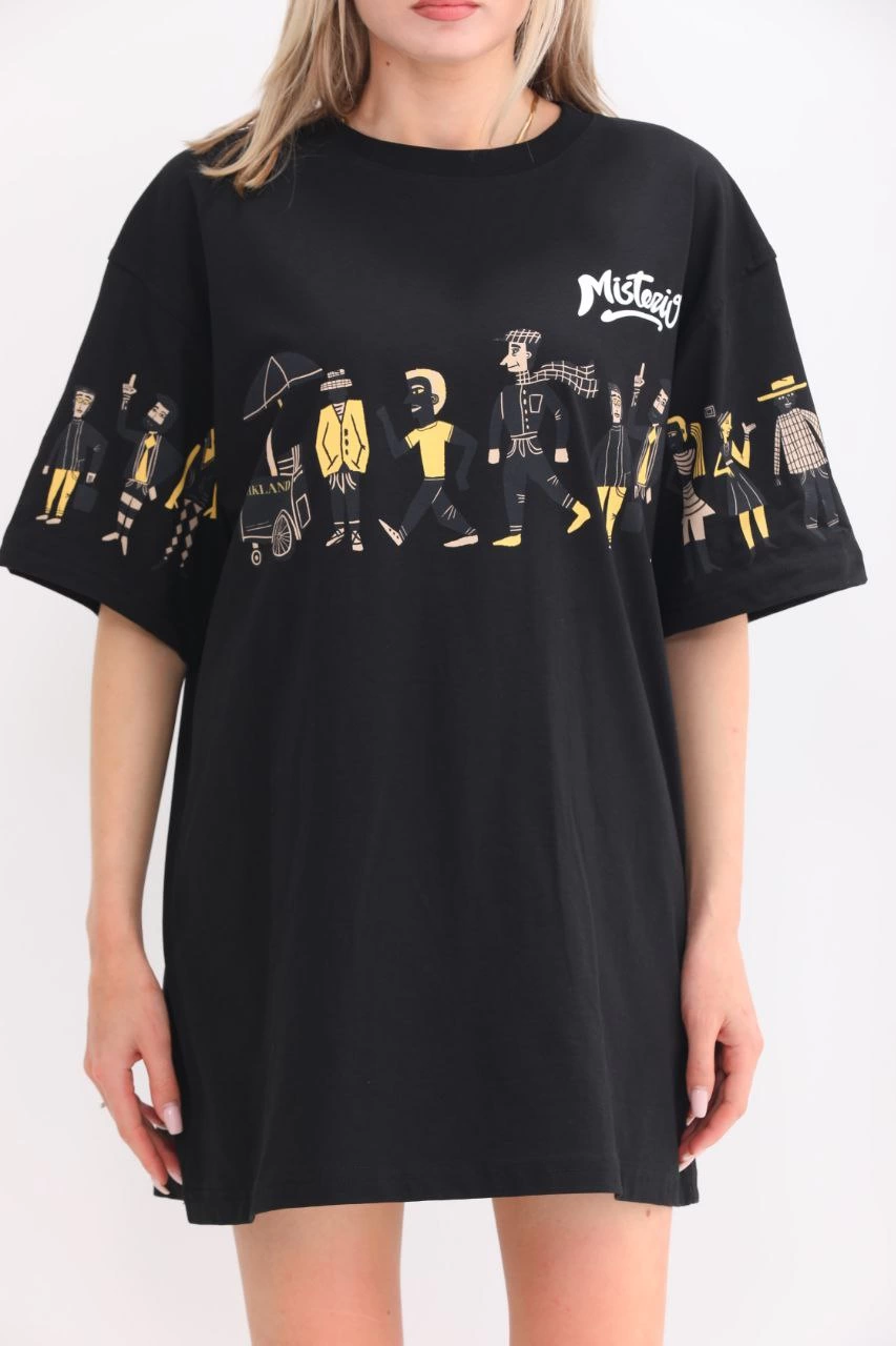 ASSEMA kadın  Bisiklet Yaka Baskılı Oversize T-Shirt - Siyah