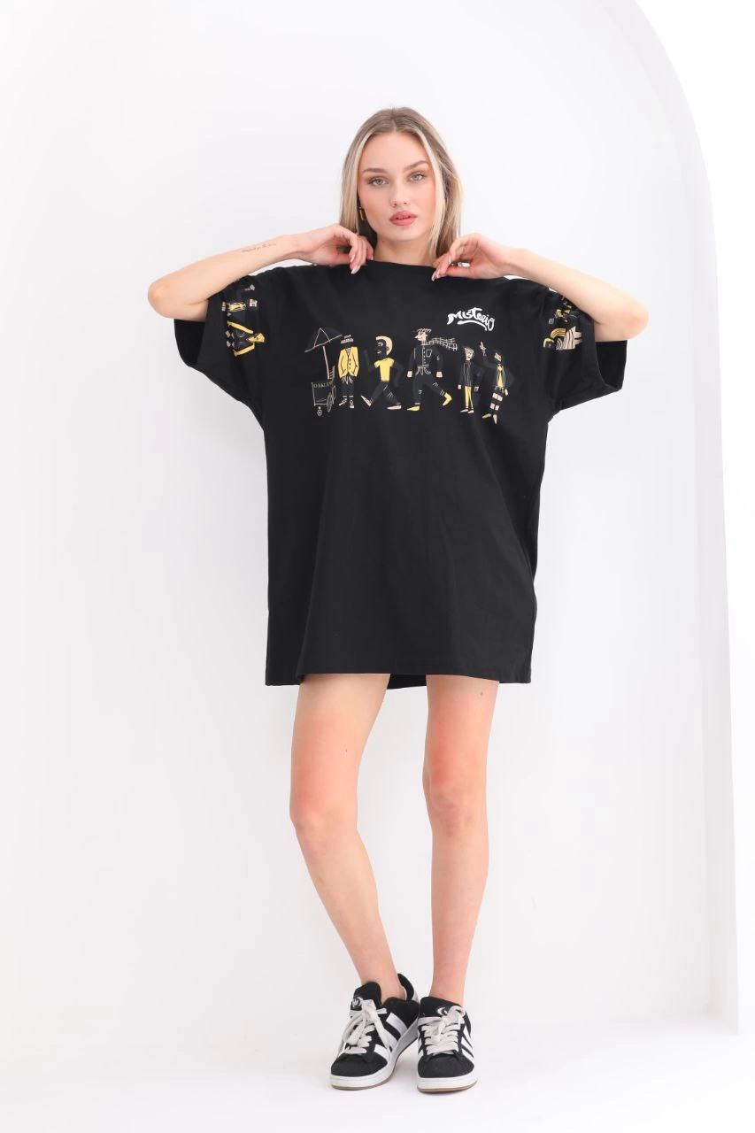 ASSEMA kadın  Bisiklet Yaka Baskılı Oversize T-Shirt - Siyah