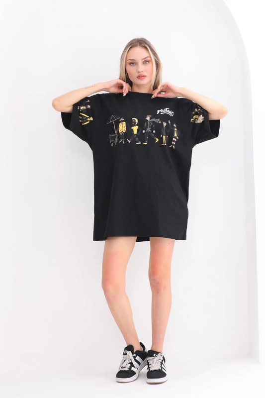 ASSEMA kadın  Bisiklet Yaka Baskılı Oversize T-Shirt - Siyah