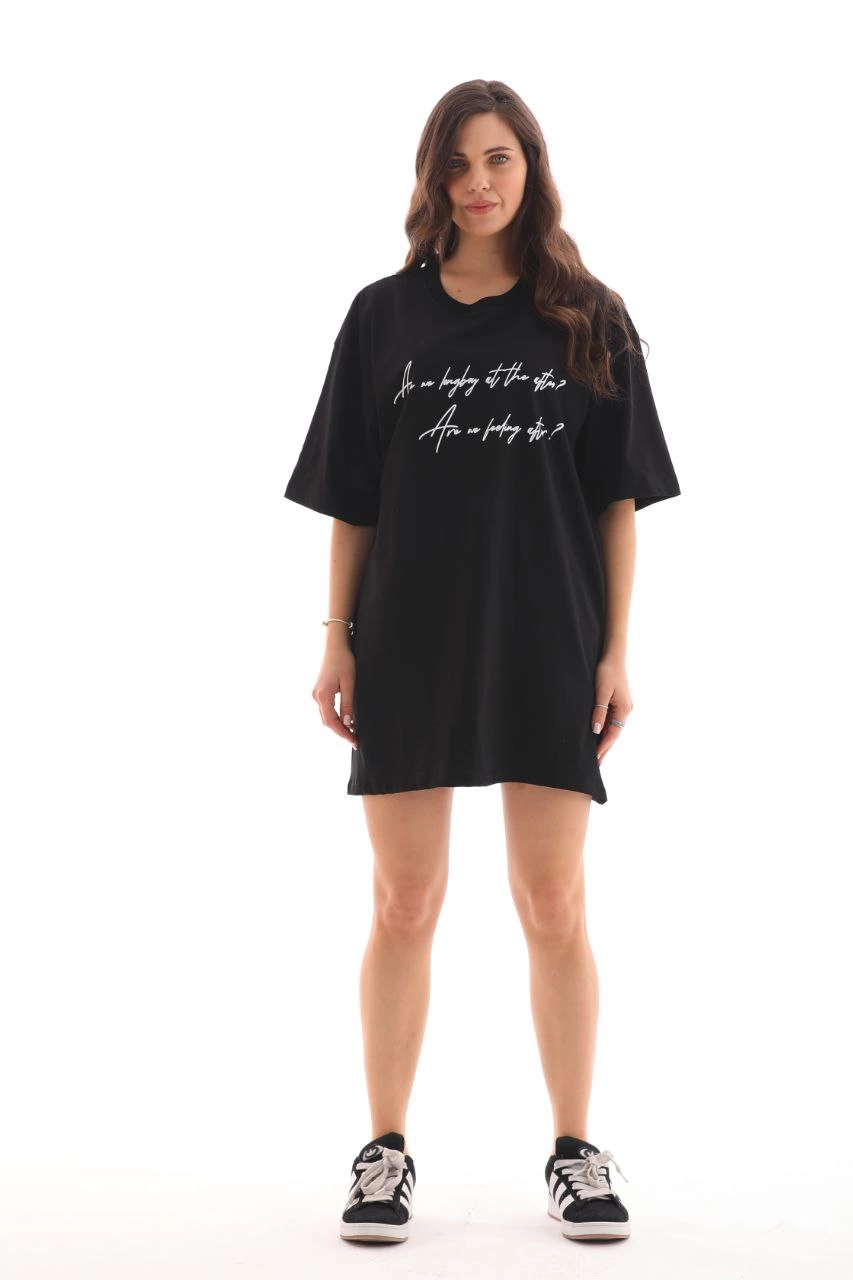 ASSEMA kadın  Bisiklet Yaka Baskılı Oversize T-Shirt - Siyah