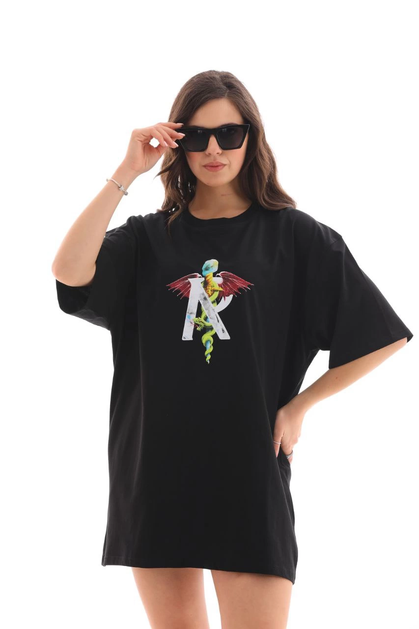 ASSEMA Unisex Bisiklet Yaka Baskılı Oversize T-Shirt - Siyah