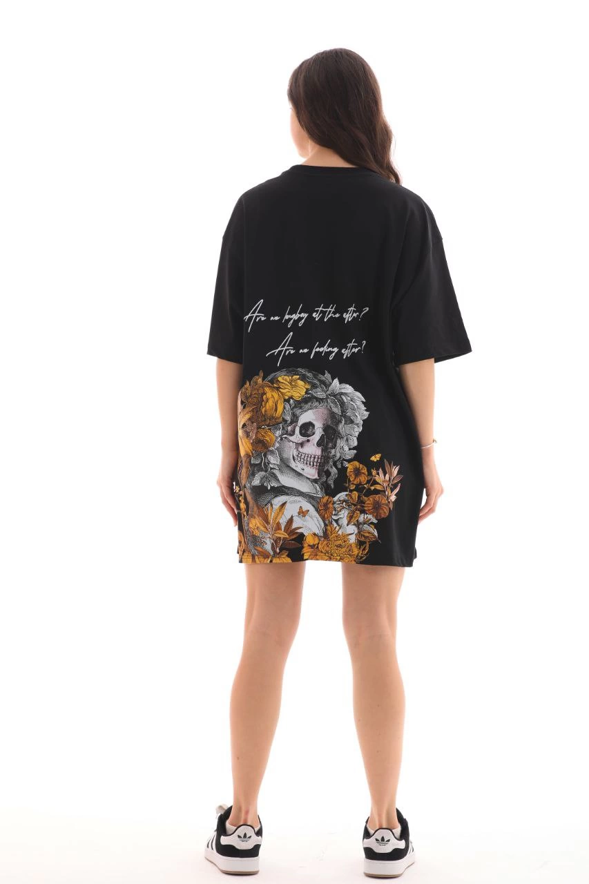 ASSEMA kadın  Bisiklet Yaka Baskılı Oversize T-Shirt - Siyah