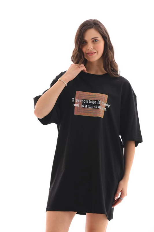 ASSEMA Kadın Baskılı T-Shirt Kısa Kol Bisiklet Yaka Ovarsize Rahat Kalıp Tişört -  Siyah
